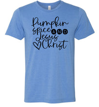 Load image into Gallery viewer, Pumpkin spice and Jesus Christ T-Shirt blue