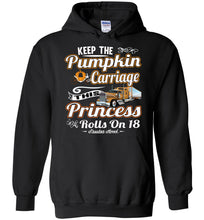 Load image into Gallery viewer, Keep The Pumpkin Carriage Women&#39;s Trucker Hoodie black