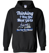 Load image into Gallery viewer, Thinking I Was Like Most Girls Was Your First Mistake Women&#39;s Trucker Hoodie black