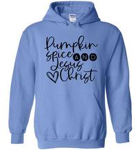 Load image into Gallery viewer, Pumpkin spice and Jesus Christ Hoodie blue