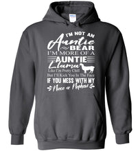 Load image into Gallery viewer, I&#39;m Not An Auntie Bear I&#39;m More Of An Auntie Llama Hoodie White Design charcoal