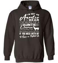 Load image into Gallery viewer, I&#39;m Not An Auntie Bear I&#39;m More Of An Auntie Llama Hoodie White Design brown