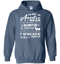 Load image into Gallery viewer, I&#39;m Not An Auntie Bear I&#39;m More Of An Auntie Llama Hoodie White Design indigo blue