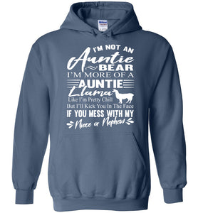 I'm Not An Auntie Bear I'm More Of An Auntie Llama Hoodie White Design indigo blue