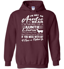 Load image into Gallery viewer, I&#39;m Not An Auntie Bear I&#39;m More Of An Auntie Llama Hoodie White Design maroon
