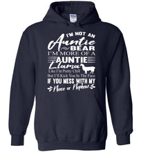 Load image into Gallery viewer, I&#39;m Not An Auntie Bear I&#39;m More Of An Auntie Llama Hoodie White Design navy