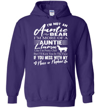 Load image into Gallery viewer, I&#39;m Not An Auntie Bear I&#39;m More Of An Auntie Llama Hoodie White Design purple