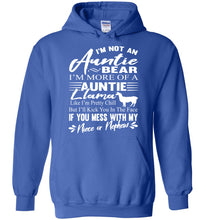 Load image into Gallery viewer, I&#39;m Not An Auntie Bear I&#39;m More Of An Auntie Llama Hoodie White Design royal