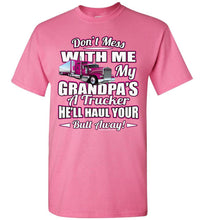 Load image into Gallery viewer, Don&#39;t Mess With Me My Grandpa&#39;s A Trucker Kid&#39;s Trucker Tee Pink Design Youth pink