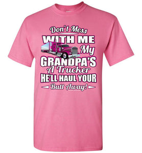 Don't Mess With Me My Grandpa's A Trucker Kid's Trucker Tee Pink Design Youth pink