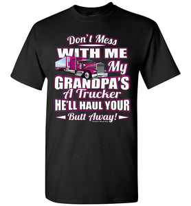 Don't Mess With Me My Grandpa's A Trucker Kid's Trucker Tee Pink Design Youth Black