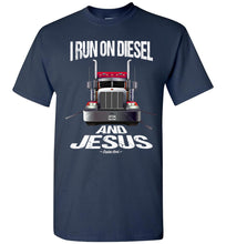 Load image into Gallery viewer, I Run On Diesel And Jesus Christian Trucker T Shirts navy crew