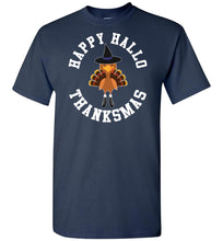 Load image into Gallery viewer, Happy Hallo Thanksmas Funny Holiday Tee Shirt navy