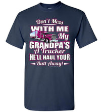 Load image into Gallery viewer, Don&#39;t Mess With Me My Grandpa&#39;s A Trucker Kid&#39;s Trucker Tee Pink Design Youth navy