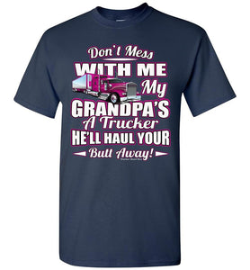 Don't Mess With Me My Grandpa's A Trucker Kid's Trucker Tee Pink Design Youth navy