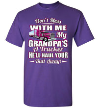 Load image into Gallery viewer, Don&#39;t Mess With Me My Grandpa&#39;s A Trucker Kid&#39;s Trucker Tee Pink Design Youth  purple