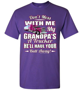 Don't Mess With Me My Grandpa's A Trucker Kid's Trucker Tee Pink Design Youth  purple