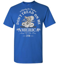 Load image into Gallery viewer, Liberty Or Death Don&#39;t Tread On Me T Shirt royal blue