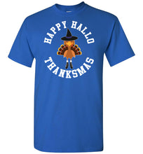 Load image into Gallery viewer, Happy Hallo Thanksmas Funny Holiday Tee Shirt royal