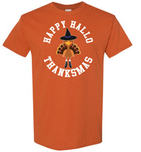 Load image into Gallery viewer, Happy Hallo Thanksmas Funny Holiday Tee Shirt Texas orange