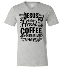 Load image into Gallery viewer, Jesus In Her Heart Coffee In Her Hand Christian Shirts For Women v-neck athletic heather