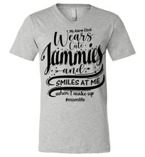 Load image into Gallery viewer, My Alarm Clock Wears Cute Jammies And Smiles At Me When I Wake Up Cute New Mom Shirts canvas v-neck grey