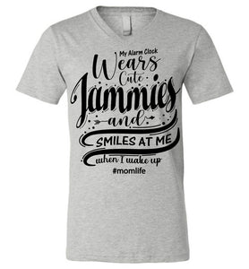 My Alarm Clock Wears Cute Jammies And Smiles At Me When I Wake Up Cute New Mom Shirts canvas v-neck grey
