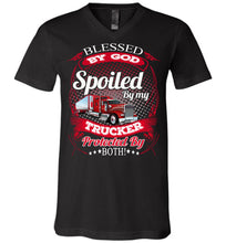 Load image into Gallery viewer, Blessed By God Spoiled By My Trucker Girlfriend Wife T-Shirt v-neck black