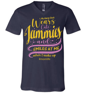 My Alarm Clock Wears Cute Jammies And Smiles At Me When I Wake Up Cute New Mom Shirts v-neck navy