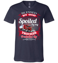 Load image into Gallery viewer, Blessed By God Spoiled By My Trucker Girlfriend Wife T-Shirt v-neck  navy