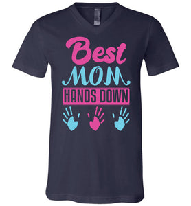 Best Mom Hands Down Mom T Shirt with names v-neck  navy
