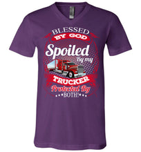 Load image into Gallery viewer, Blessed By God Spoiled By My Trucker Girlfriend Wife T-Shirt v-neck  purple