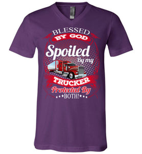Blessed By God Spoiled By My Trucker Girlfriend Wife T-Shirt v-neck  purple