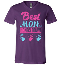 Load image into Gallery viewer, Best Mom Hands Down Mom T Shirt with names v-neck purple