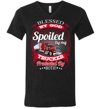 Load image into Gallery viewer, Blessed By God Spoiled By My Trucker Girlfriend Wife T-Shirt v-neck  black heather