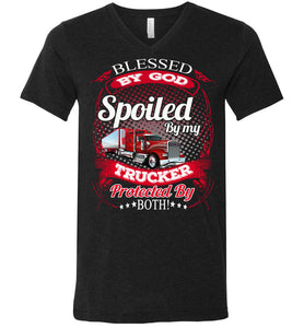 Blessed By God Spoiled By My Trucker Girlfriend Wife T-Shirt v-neck  black heather