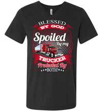 Load image into Gallery viewer, Blessed By God Spoiled By My Trucker Girlfriend Wife T-Shirt v-neck  dark gray heather