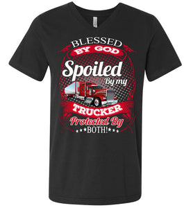 Blessed By God Spoiled By My Trucker Girlfriend Wife T-Shirt v-neck  dark gray heather