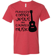Load image into Gallery viewer, Fueled By Coffee Jesus And Country Music Country Cowgirl T Shirts v neck red