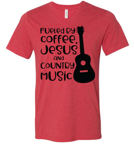 Fueled By Coffee Jesus And Country Music Country Cowgirl T Shirts v neck red