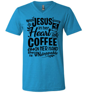 Jesus In Her Heart Coffee In Her Hand Christian Shirts For Women v-neck neon blue