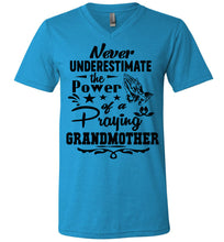 Load image into Gallery viewer, The Power Of A Praying Grandmother T-Shirt neon blue v neck