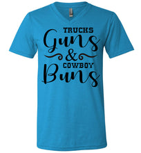 Load image into Gallery viewer, Trucks Guns And Cowboy Buns Country Cowgirl Girl T Shirts v-neck  neon blue