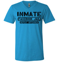Load image into Gallery viewer, Inmate Facebook Jail Repeat Offender Facebook Jail T Shirt neon blue v-neck