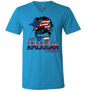 All American Mama Patriot Mom T Shirt | Patriotic Mom Shirts v neck neon blue