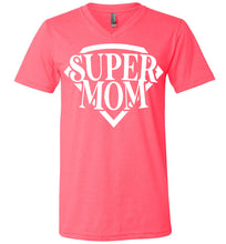 Load image into Gallery viewer, Super Mom T Shirt v-neck  neon pink