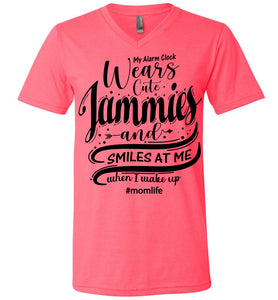 My Alarm Clock Wears Cute Jammies And Smiles At Me When I Wake Up Cute New Mom Shirts canvas v-neck pink