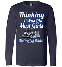 Load image into Gallery viewer, Thinking I Was Like Most Girls Was Your First Mistake Womens LS Trucker Shirts canvas  navy