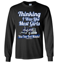 Load image into Gallery viewer, Thinking I Was Like Most Girls Was Your First Mistake Womens LS Trucker Shirts black