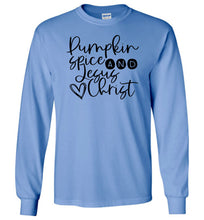 Load image into Gallery viewer, Pumpkin spice and Jesus Christ Long Sleeve T-Shirt blue